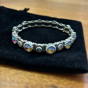 Silver Tone Stretch Bracelet with Multicolor Faceted Aurora Borealis Beads